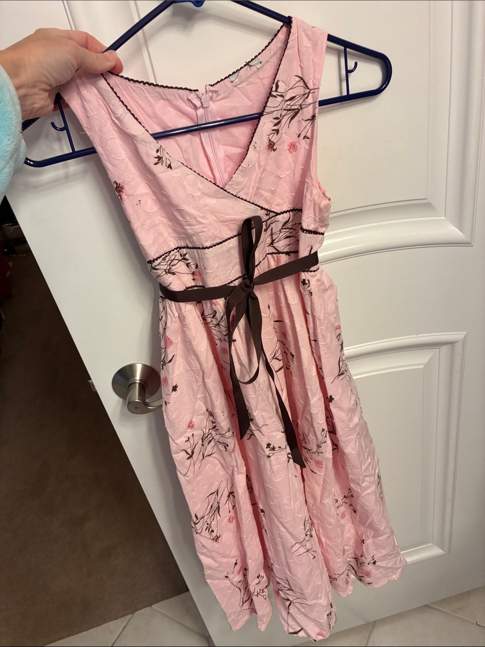 Pink Floral Girls' Party Dress with Brown Sash
